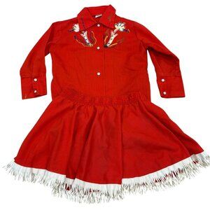 Vintage 1970s Sears Girls Red Western Shirt Skirt Set Floral Embroidery 4T